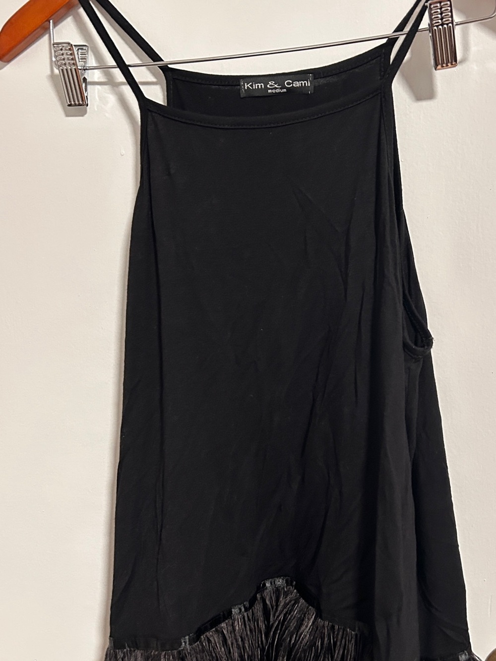 Kim & Cami Black sexy top feathery hem
